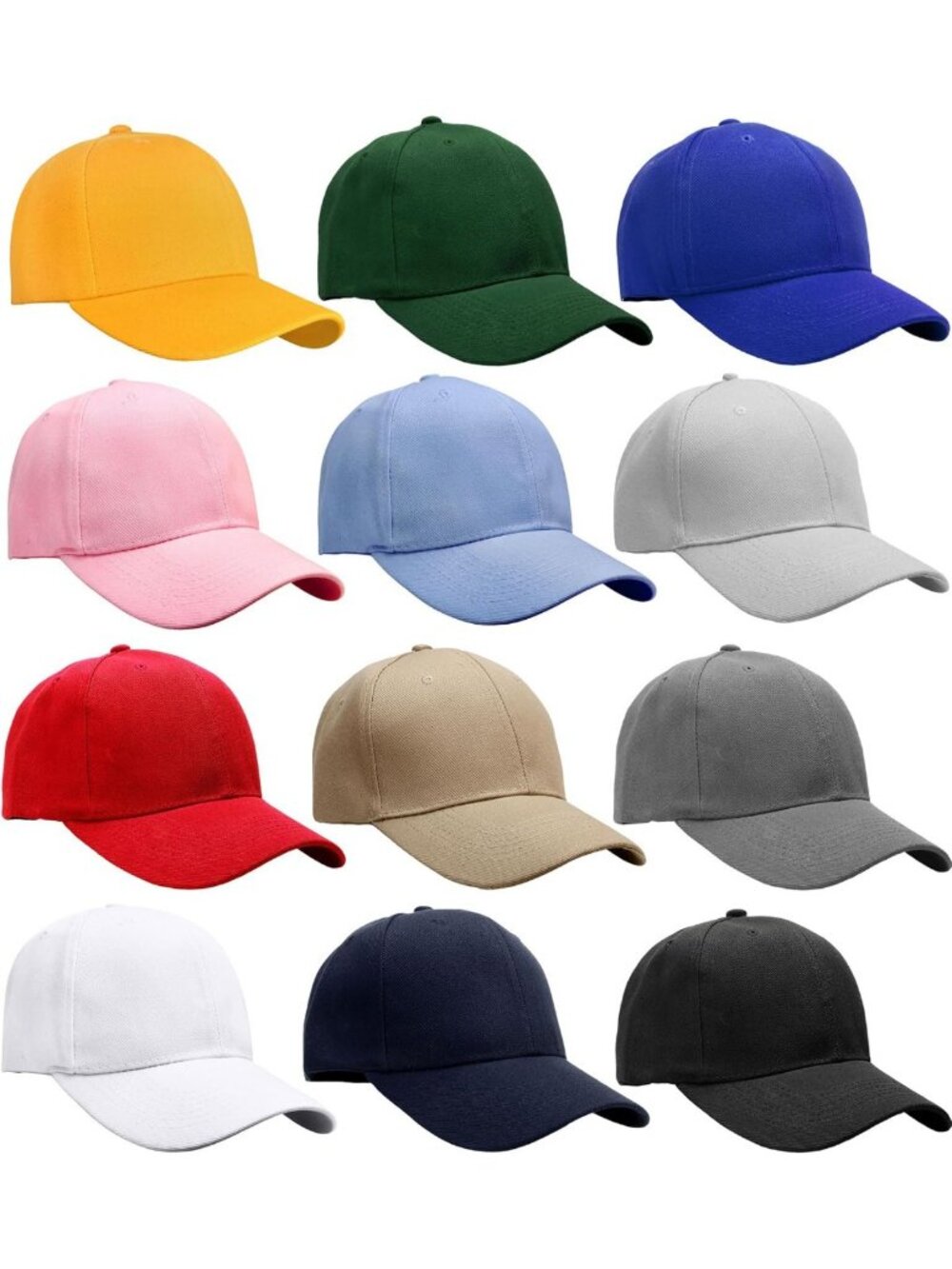 12-Pack Adjustable Baseball Caps - Plain Solid Color, Perfect for Customization